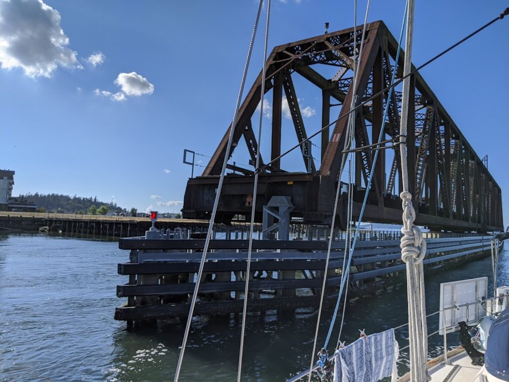 Swinomish channel railroad swing bridge as our sailboat passed by heading south in August 2020