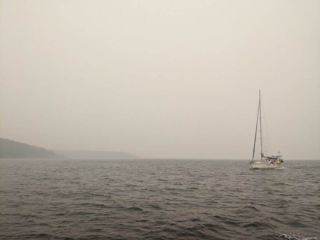 Muse in the west coast wildfire smoke as we motored to Roche Harbor