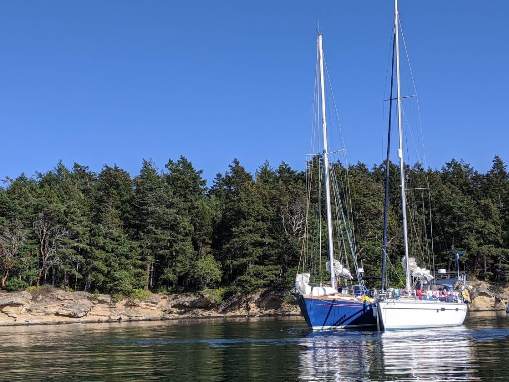 Mosaic and Muse rafted together at anchor in Shallow Bay on Sucia Island