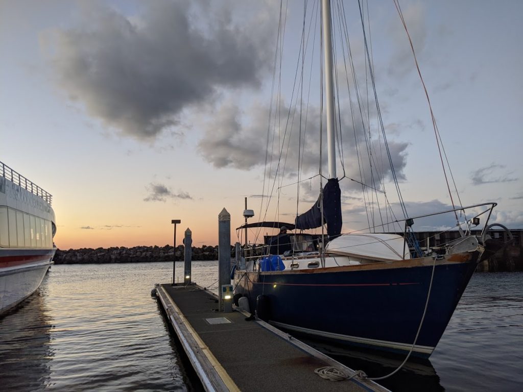 Our sailboat, Mosaic, safely docked in the Port of Edmonds marina in the fall 2020. 