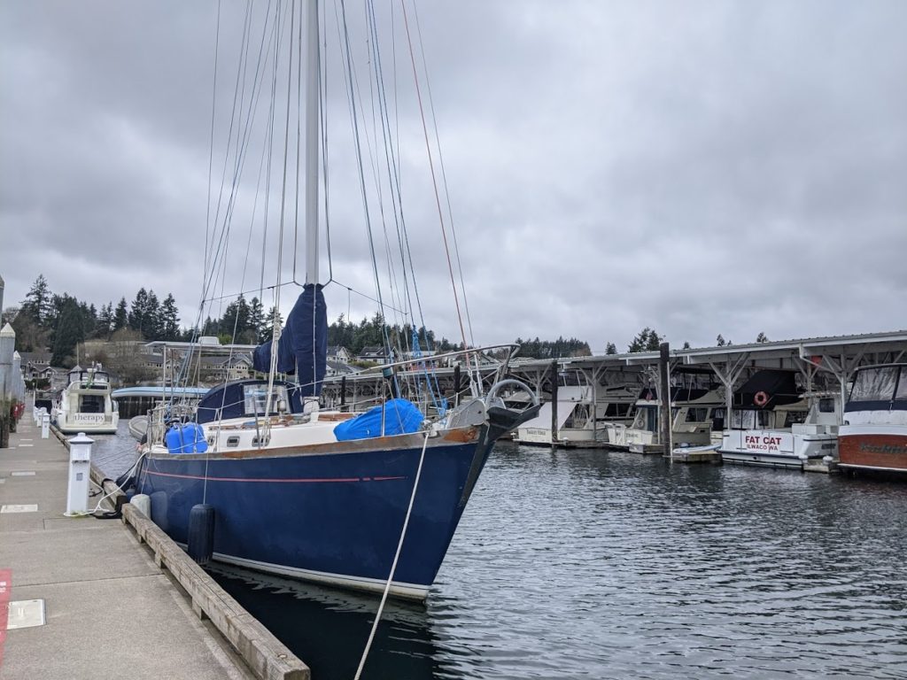 Our sailboat, Mosaic, at the Jerisich Public Dock in Gig Harbor WA