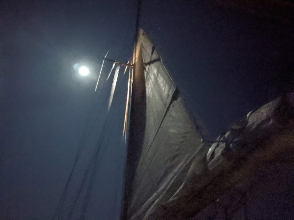 The moon above Mosaic, night watch before arriving at Crescent City, CA. We journeyed from Port Angeles out the Strait of Juan de Fuca and down the US west coast to Crescent City, California.