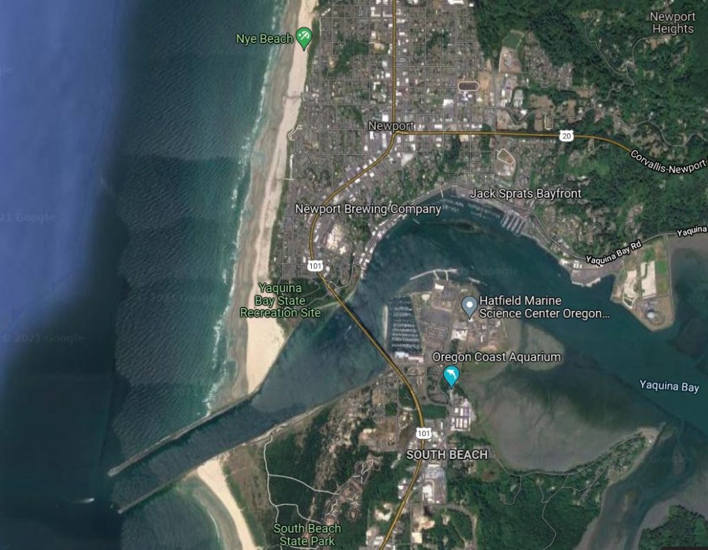 Aerial satellite view of Newport Oregon and the Yaquina Bay and River.