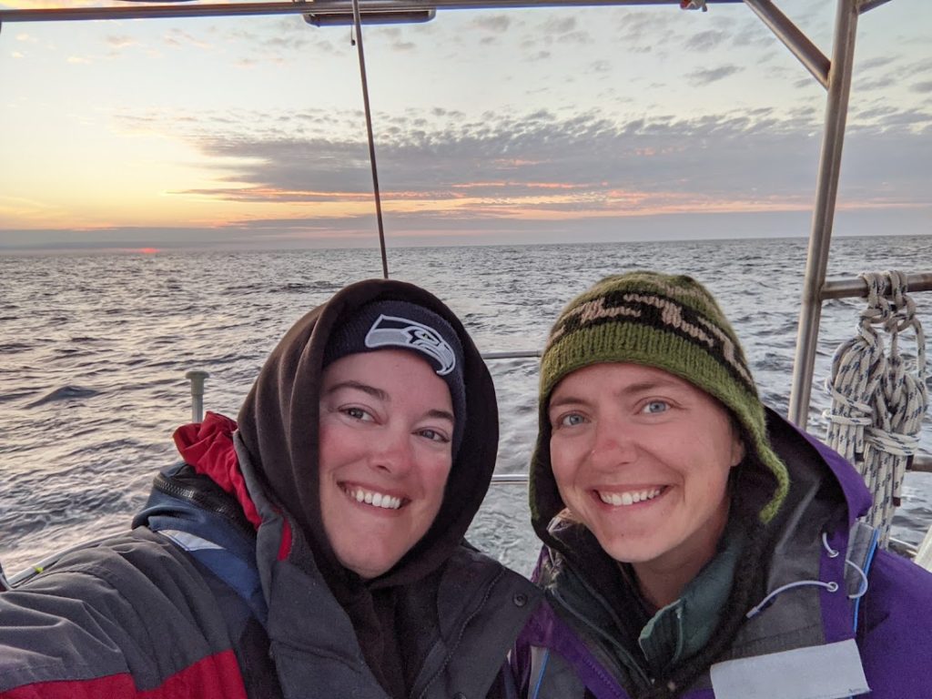 Rachel Messerschmidt and Rachel Konsella take a selfie offshore Oregon while sailing south in 2021.