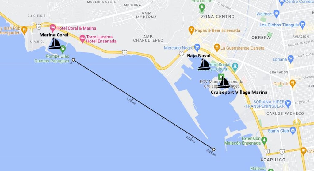 Overview of the 3 marinas in Ensenada for cruising sailboats, cruising boats, cruisers coming to Ensenada to checkin to Mexico, check in to mexico in Ensenada, get your FMM and TIP